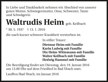 Traueranzeige von Waltrudis Heim 