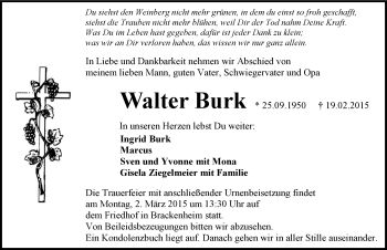 Traueranzeige von Walter Burk 