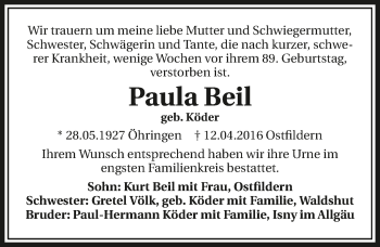 Traueranzeige von Paula Beil 
