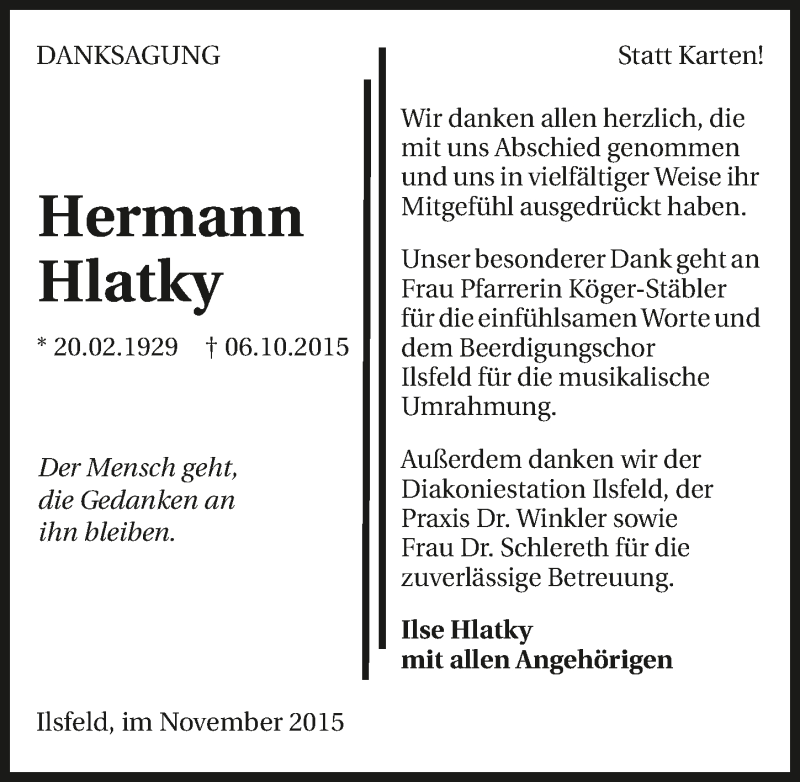  Traueranzeige für Hermann Hlatky vom 06.11.2015 aus 