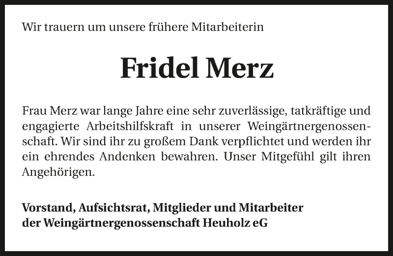  Traueranzeige für Fridel Merz vom 30.09.2015 aus 