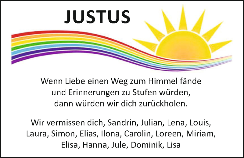  Traueranzeige für Justus Wunderlich vom 13.08.2015 aus 