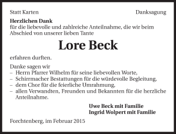 Traueranzeige von Lore Beck 