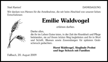 Traueranzeige von Emilie Waldvogel 