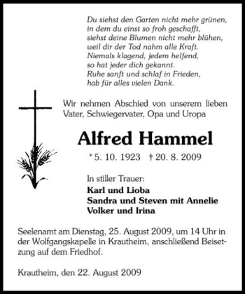 Traueranzeige von Alfred Hammel 