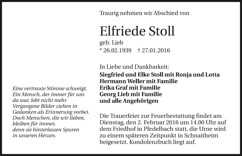 Traueranzeige für Elfriede Stoll vom 30.01.2016 aus 