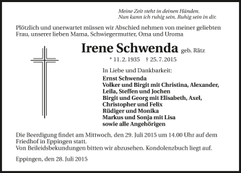 Traueranzeige von Irene Schwenda 