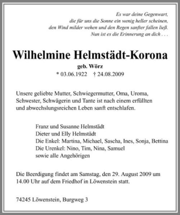 Traueranzeige von Wilhelmine Helmstädt-Korona 