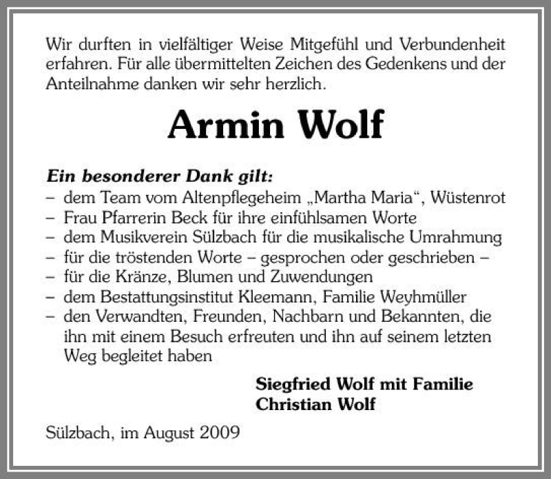  Traueranzeige für Armin Wolf vom 27.08.2009 aus 