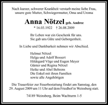 Traueranzeige von Anna Nötzel 