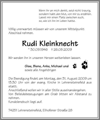 Traueranzeige von Rudi Kleinknecht 