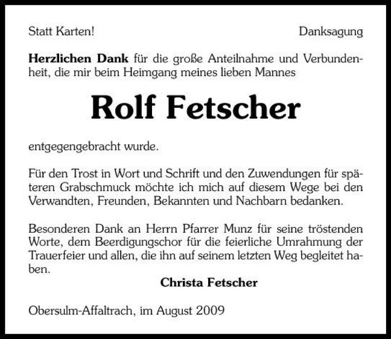  Traueranzeige für Rolf Fetscher vom 29.08.2009 aus 