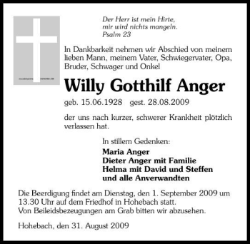 Traueranzeige von Gotthilf Willy Anger 