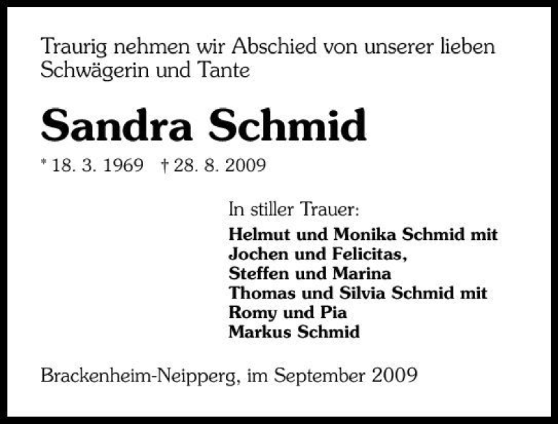  Traueranzeige für Sandra Schmid vom 02.09.2009 aus 
