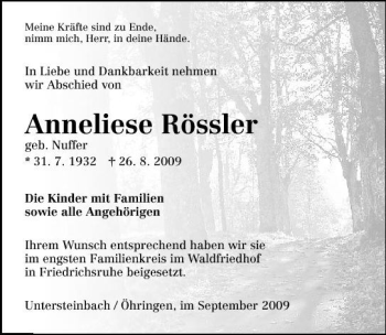 Traueranzeige von Anneliese Rössler 