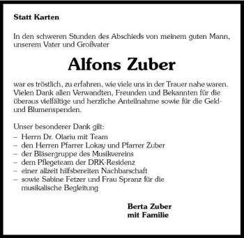 Traueranzeige von Alfons Zuber 