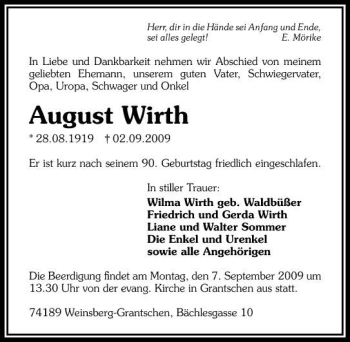 Traueranzeige von August Wirth 
