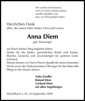 Traueranzeige von Anna Diem 