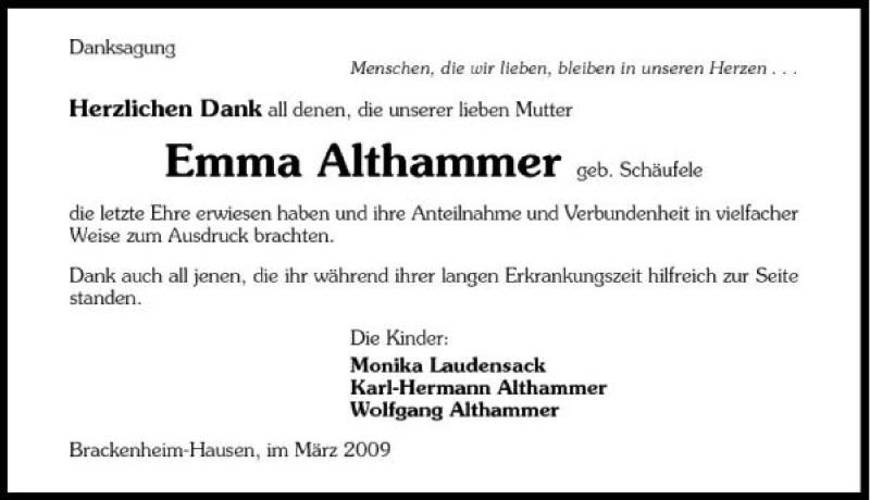  Traueranzeige für Emma Althammer vom 07.03.2009 aus 
