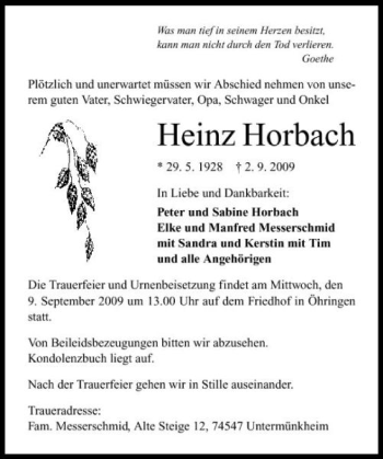 Traueranzeige von Heinz Horbach 