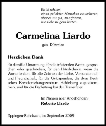 Traueranzeige von Carmelina Liardo 