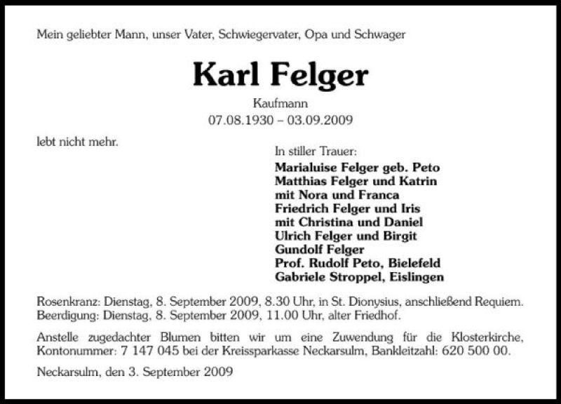  Traueranzeige für Karl Felger vom 05.09.2009 aus 