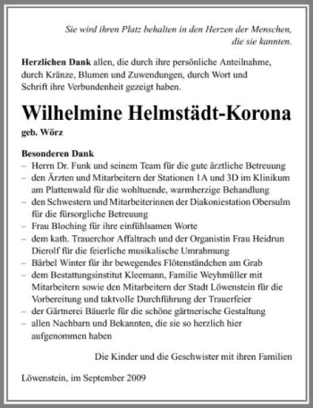 Traueranzeige von Wilhelmine Helmstädt-Korona 