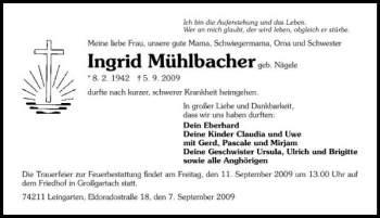 Traueranzeige von Ingrid Mühlbacher 