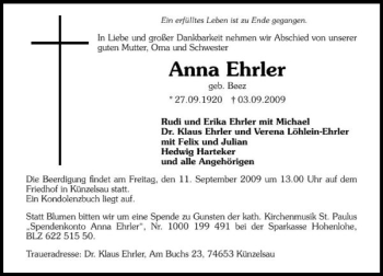 Traueranzeige von Anna Ehrler 