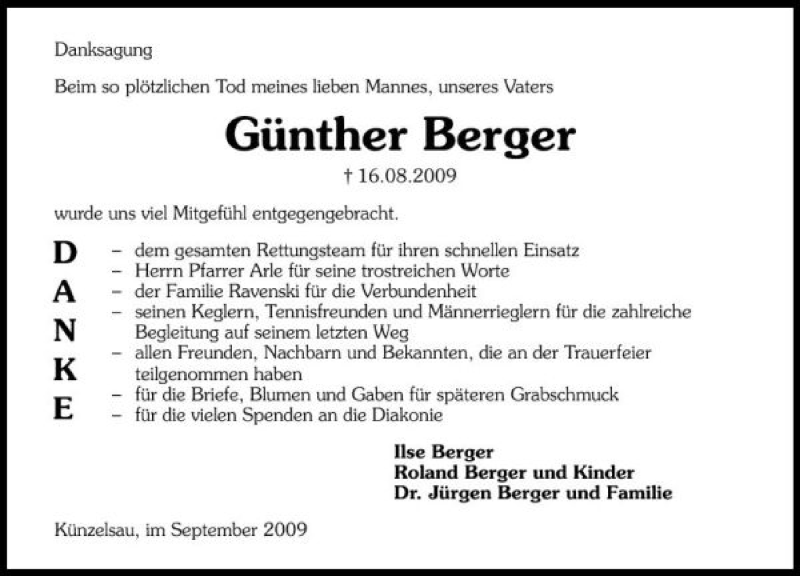  Traueranzeige für Günther Berger vom 09.09.2009 aus 