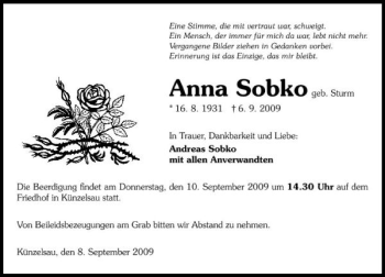 Traueranzeige von Anna Sobko 