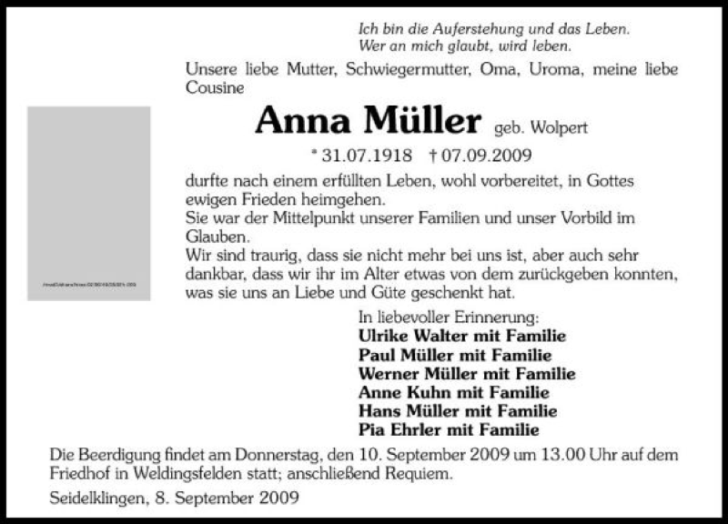  Traueranzeige für Anna Müller vom 08.09.2009 aus 