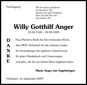 Traueranzeige von Willy Gotthilf Anger 