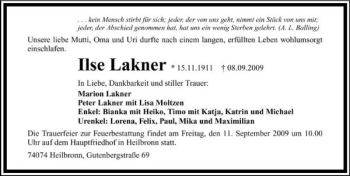 Traueranzeige von Ilse Lakner 