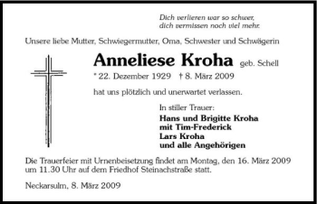 Traueranzeige von Anneliese Kroha 