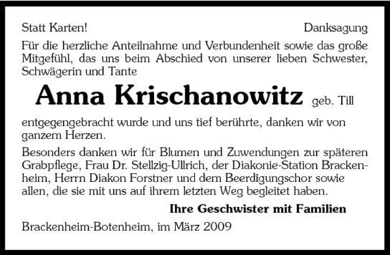  Traueranzeige für Anna Krischanowitz vom 12.03.2009 aus 