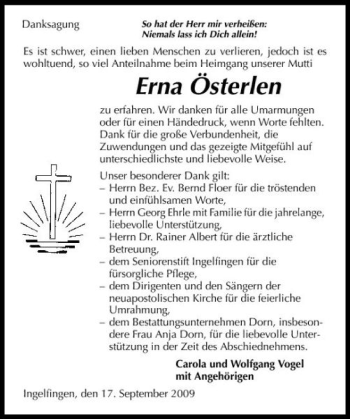 Traueranzeige von Erna Österlen 
