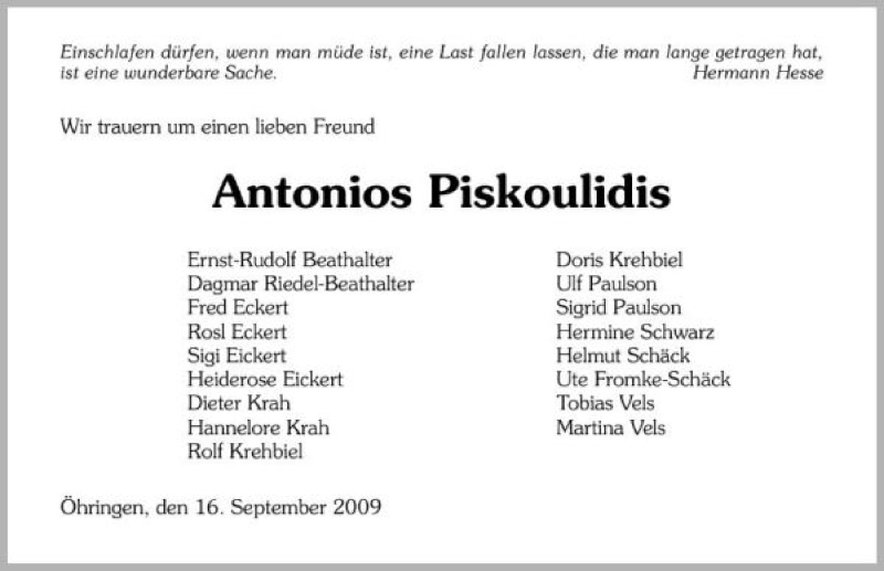  Traueranzeige für Antonios Piskoulidis vom 16.09.2009 aus 