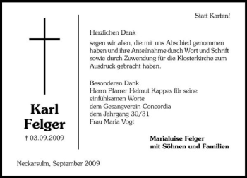 Traueranzeige von Karl Felger 