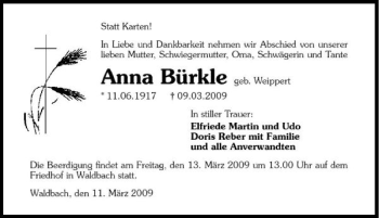 Traueranzeige von Anna Bürkle 