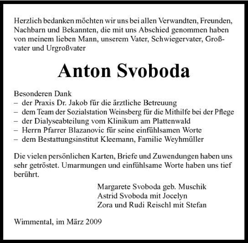  Traueranzeige für Anton Svoboda vom 12.03.2009 aus 