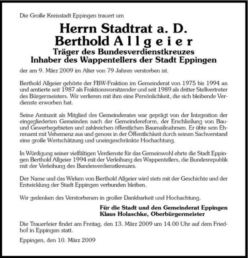  Traueranzeige für Berthold Allgeier vom 11.03.2009 aus 