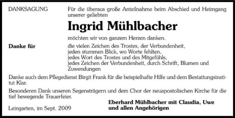  Traueranzeige für Ingrid Mühlbacher vom 23.09.2009 aus 
