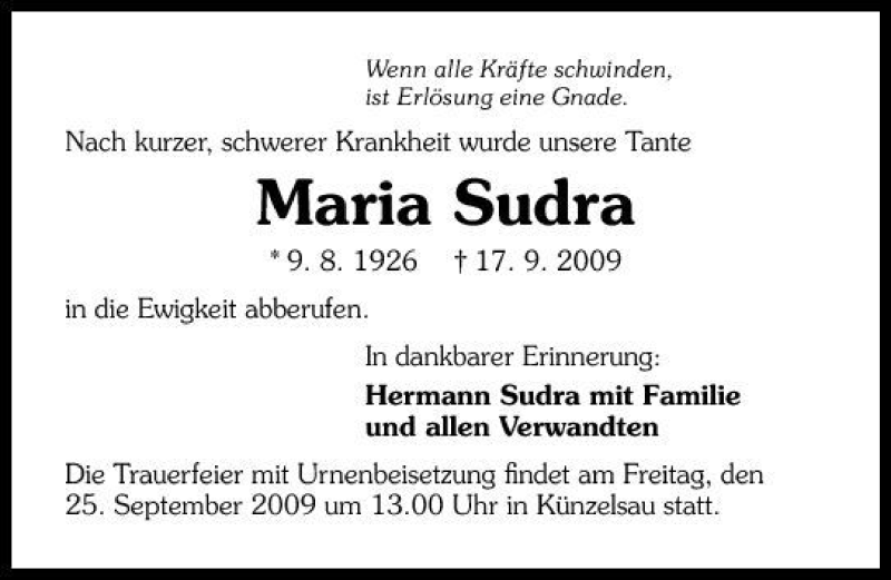  Traueranzeige für Maria Sudra vom 23.09.2009 aus 