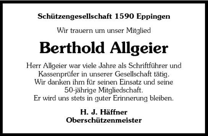  Traueranzeige für Berthold Allgeier vom 11.03.2009 aus 