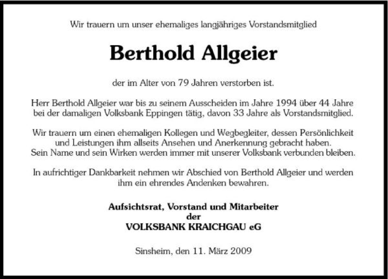  Traueranzeige für Berthold Allgeier vom 11.03.2009 aus 