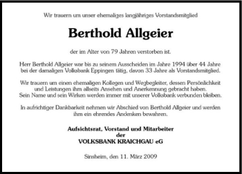 Traueranzeige von Berthold Allgeier 