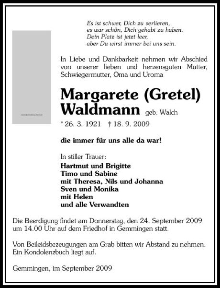  Traueranzeige für Margarete Waldmann vom 23.09.2009 aus 