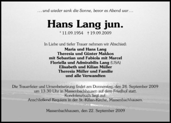 Traueranzeige von Hans Lang 