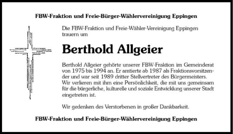  Traueranzeige für Berthold Allgeier vom 11.03.2009 aus 